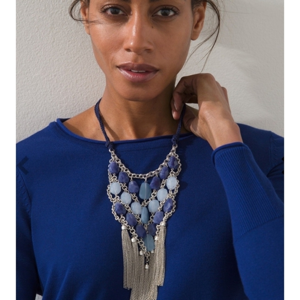 Chico's Blue Bib Tassel Statement Necklace with Lobster Claw Clasp 18" New/Tags
